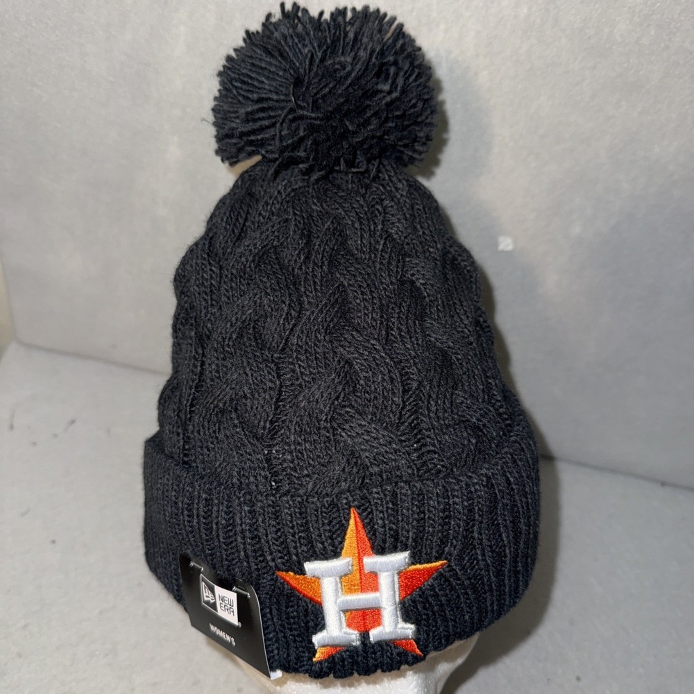 New Era Womens Houston Astros Black Cabled Knit Pom Beanie Hat - Picture 2 of 4